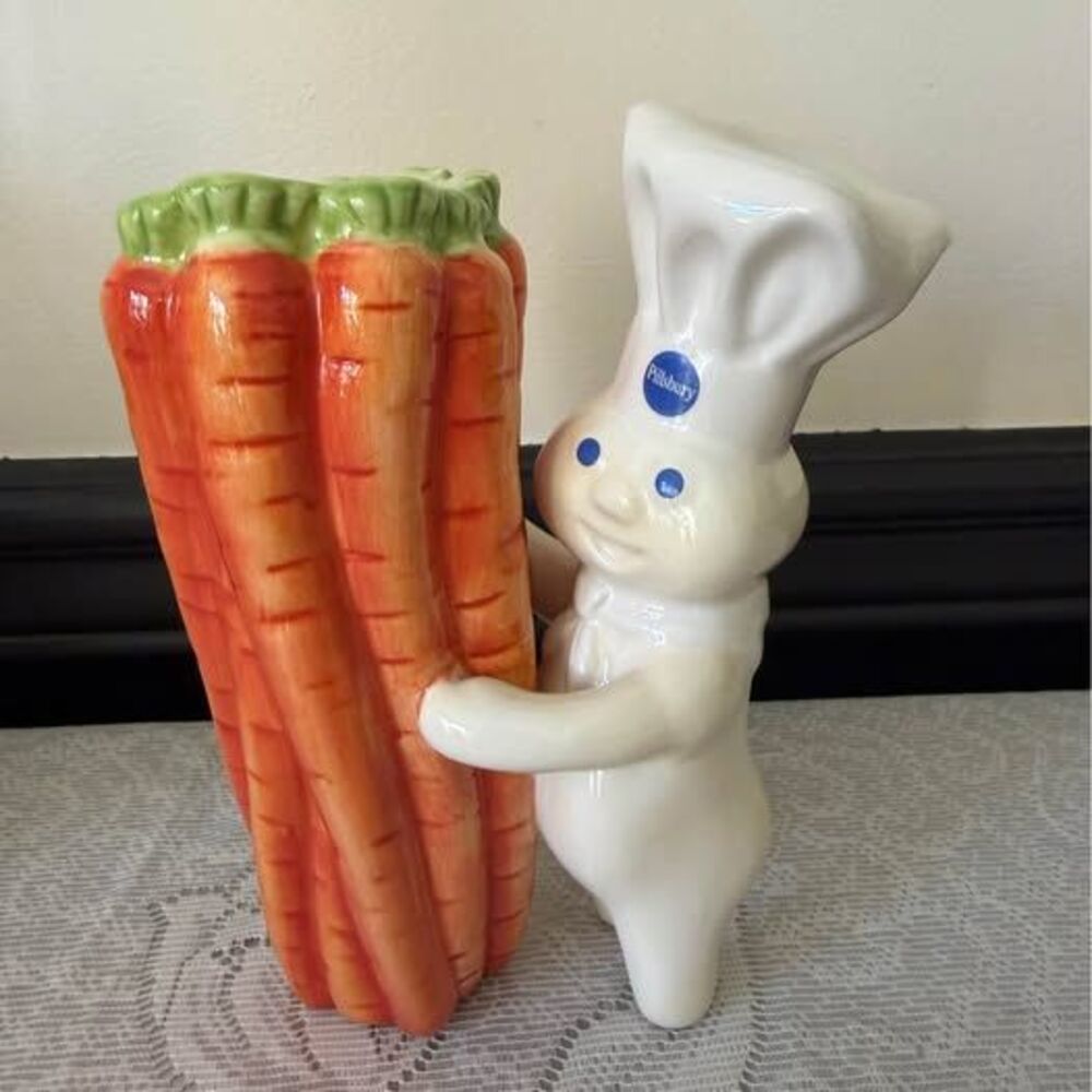 Pillsbury Doughboy Ceramic Carrot Utensil Holder / Vase 2004 TPC Vintage Kitchen
